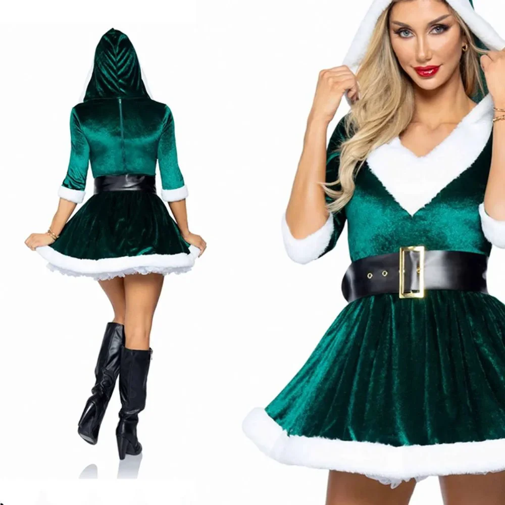 Santa’s Baby Mrs. Claus Plush Mini Dress 2-PC Costume in Green - Picture 2 of 9
